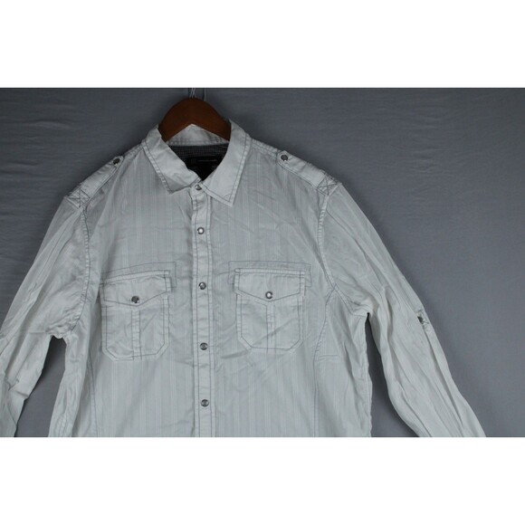 INC Pearl Snap Western Shirt Mens Large Striped White Long Sleeve Roll Up Sleeve - Picture 8 of 15
